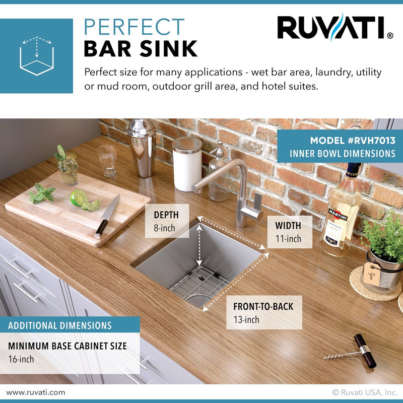 Ruvati 13" x 15" Undermount Bar Prep Tight Radius 16 Gauge Kitchen Sink Stainless Steel Single Bowl - RVH7013 - Model Bath