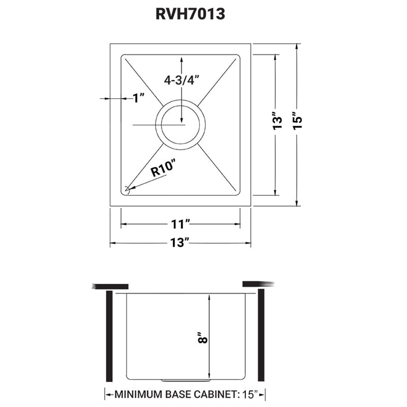 Ruvati 13" x 15" Undermount Bar Prep Tight Radius 16 Gauge Kitchen Sink Stainless Steel Single Bowl - RVH7013 - Model Bath