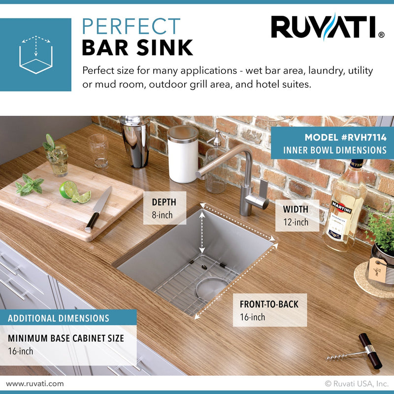 Ruvati 14" Undermount 16 Gauge Tight Radius Bar Prep Sink Stainless Steel Single Bowl - RVH7114 - Model Bath