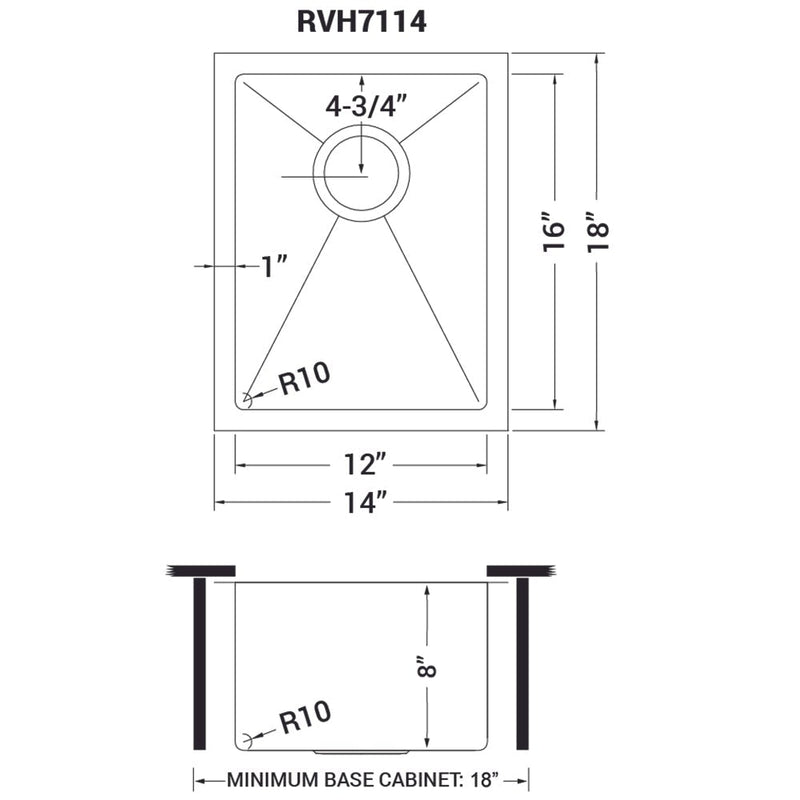 Ruvati 14" Undermount 16 Gauge Tight Radius Bar Prep Sink Stainless Steel Single Bowl - RVH7114 - Model Bath