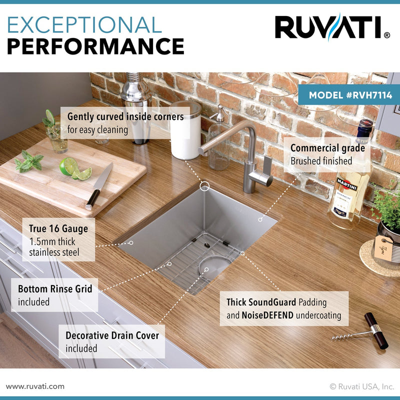 Ruvati 14" Undermount 16 Gauge Tight Radius Bar Prep Sink Stainless Steel Single Bowl - RVH7114 - Model Bath