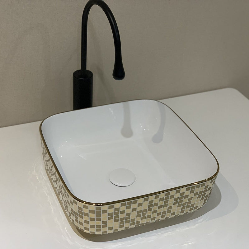 Ruvati 15" x 15" Bathroom Vessel Sink Gold Decorative Pattern Above Vanity Counter White Porcelain Ceramic - RVB1515WG4 - Model Bath