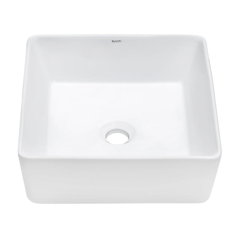 Ruvati 15" x 15" Bathroom Vessel Sink White Square Above Counter Porcelain Ceramic - RVB1616 - Model Bath