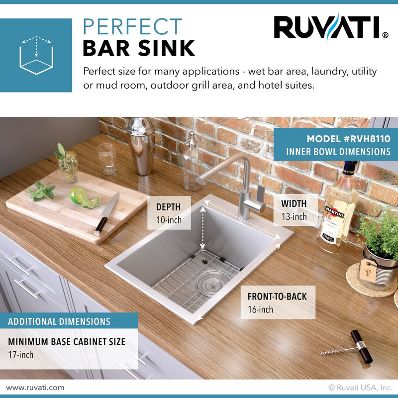 Ruvati 15" x 20" Drop-in Topmount Bar Prep Sink 16 Gauge Stainless Steel Single Bowl - RVH8110 - Model Bath