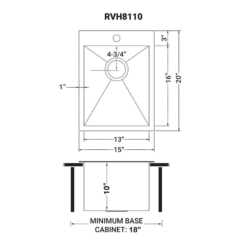 Ruvati 15" x 20" Drop-in Topmount Bar Prep Sink 16 Gauge Stainless Steel Single Bowl - RVH8110 - Model Bath