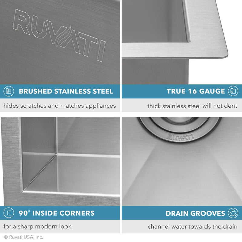 Ruvati 16" Undermount 16 Gauge Zero Radius Bar Prep Sink Stainless Steel Single Bowl - RVH7111 - Model Bath