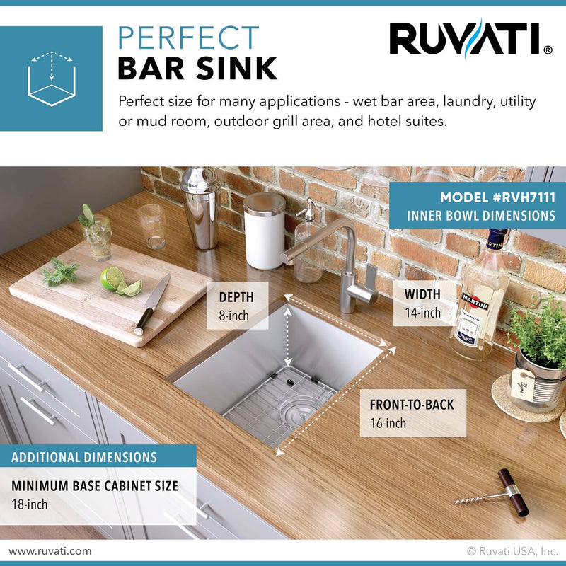 Ruvati 16" Undermount 16 Gauge Zero Radius Bar Prep Sink Stainless Steel Single Bowl - RVH7111 - Model Bath
