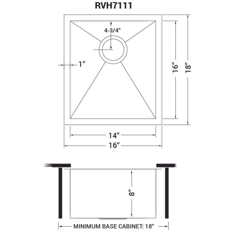 Ruvati 16" Undermount 16 Gauge Zero Radius Bar Prep Sink Stainless Steel Single Bowl - RVH7111 - Model Bath