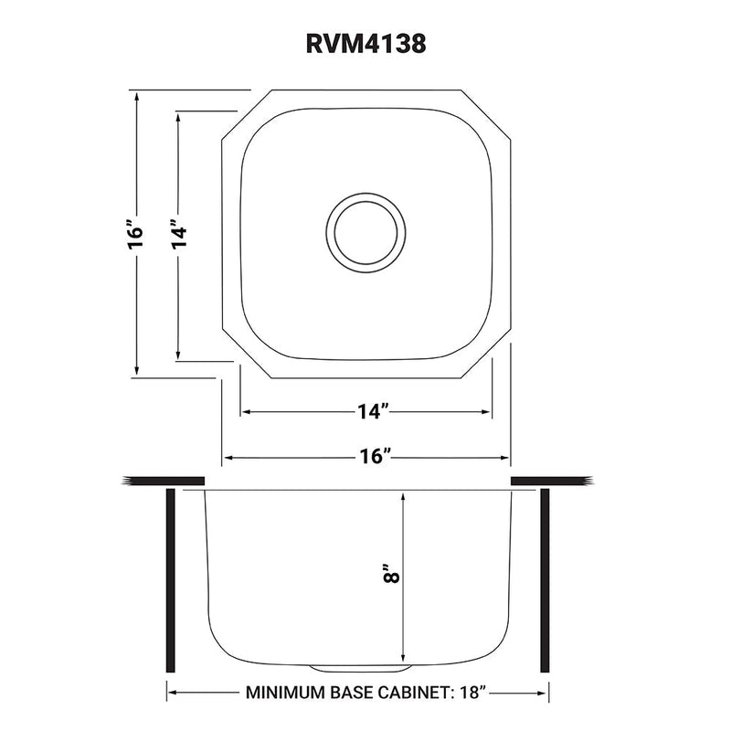 Ruvati 16" x 16" Bar Prep Sink Undermount 16 Gauge Stainless Steel - RVM4138 - Model Bath