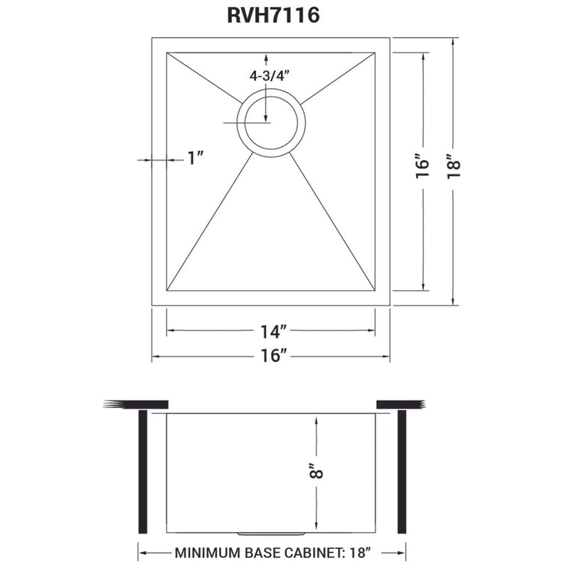 Ruvati 16" x 18" Undermount Bar Prep Tight Radius 16 Gauge Kitchen Sink Stainless Steel Single Bowl - RVH7116 - Model Bath