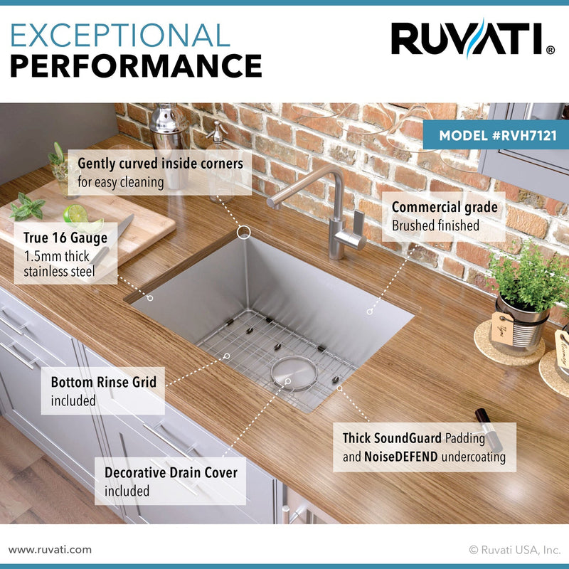 Ruvati 21" Undermount Tight Radius 16 Gauge Stainless Steel Bar Prep Kitchen Sink Single Bowl - RVH7121 - Model Bath