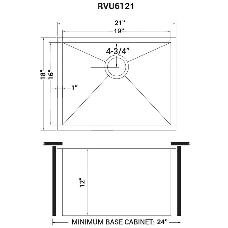 Ruvati 21" x 18" x 12" Deep Laundry Utility Sink Undermount 16 Gauge Stainless Steel - RVU6121 - Model Bath