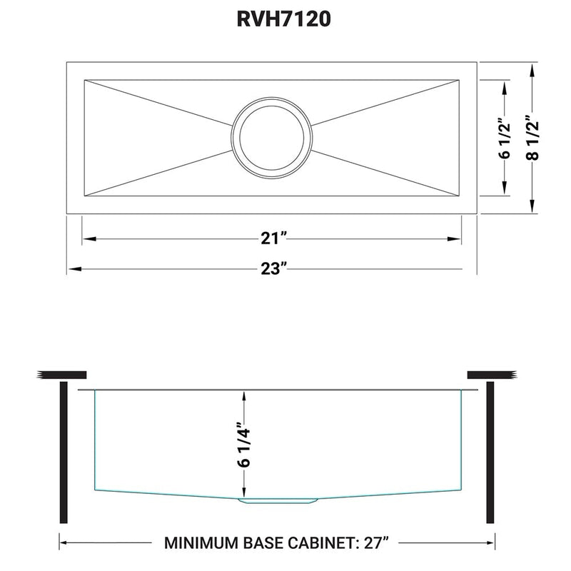 Ruvati 23" x 8" Bar Prep Sink Narrow Trough Undermount 16 Gauge Stainless Steel Single Bowl - RVH7120 - Model Bath
