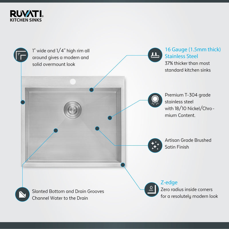 Ruvati Topmount Laundry Utility Sink 25" x 22" x 12" Deep 16 Gauge Stainless Steel - RVU6010 - Model Bath