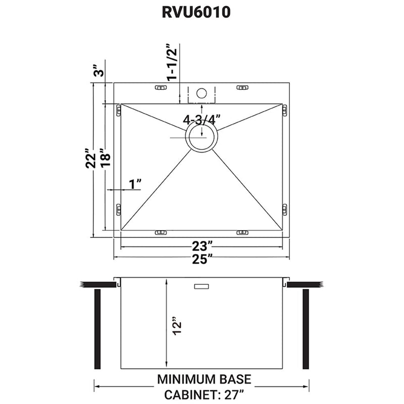 Ruvati Topmount Laundry Utility Sink 25" x 22" x 12" Deep 16 Gauge Stainless Steel - RVU6010 - Model Bath