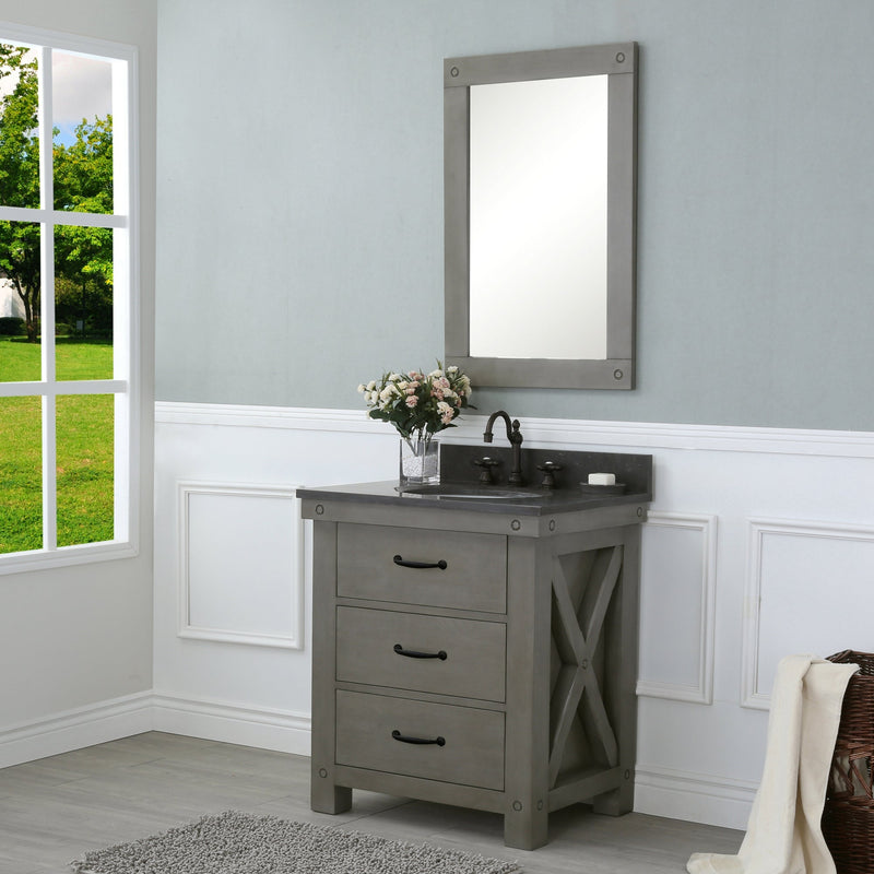 Water Creation 30" Grizzle Grey Single Sink Bathroom Vanity with Mirror and Faucet with Blue Limestone Counter Top From The ABERDEEN Collection VAB030BLGG02 - Model Bath