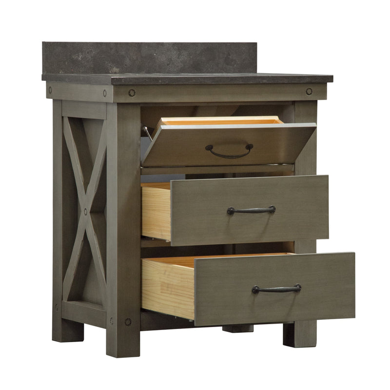 Water Creation 30" Grizzle Grey Single Sink Bathroom Vanity with Mirror and Faucet with Blue Limestone Counter Top From The ABERDEEN Collection VAB030BLGG02 - Model Bath
