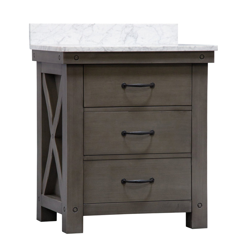 Water Creation 30" Grizzle Grey Single Sink Bathroom Vanity with Mirror and Faucet with Carrara White Marble Counter Top From The ABERDEEN Collection VAB030CWGG02 - Model Bath