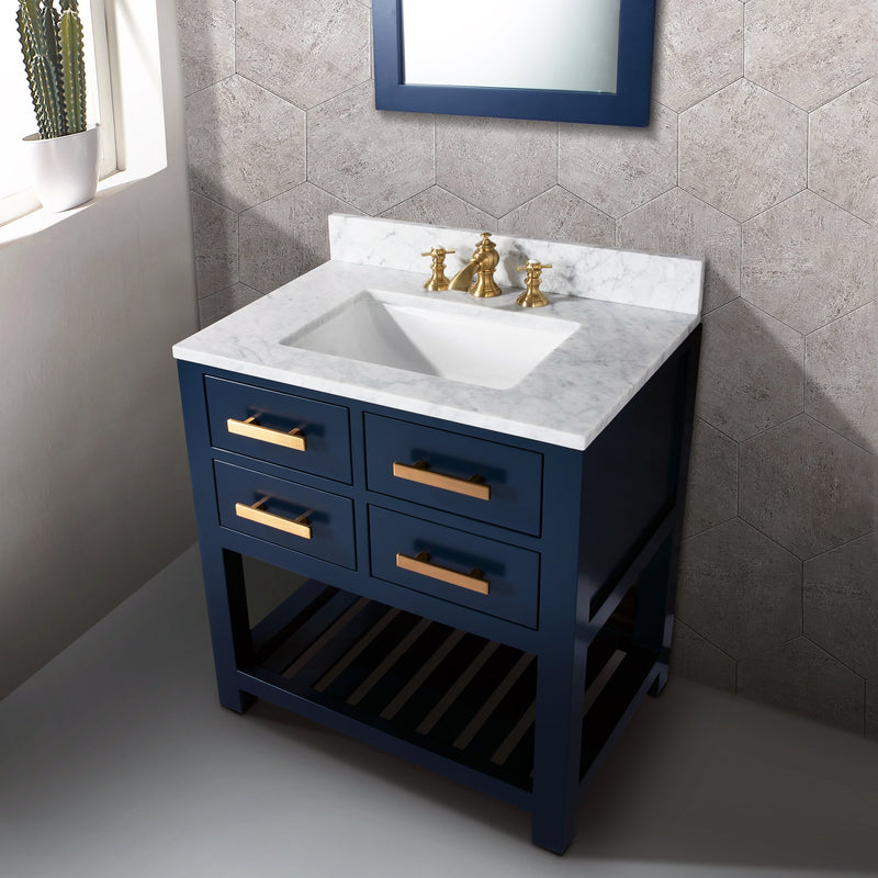 Water Creation 30" Monarch Blue Single Sink Bathroom Vanity with F2-0013 Satin Gold Faucet From The Madalyn Collection MA30C-0613MB - Model Bath