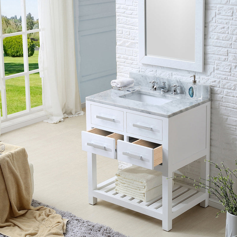 Water Creation 30" Pure White Single Sink Bathroom Vanity with Matching Framed Mirror and Faucet From The Madalyn Collection MADALYN30WBF - Model Bath