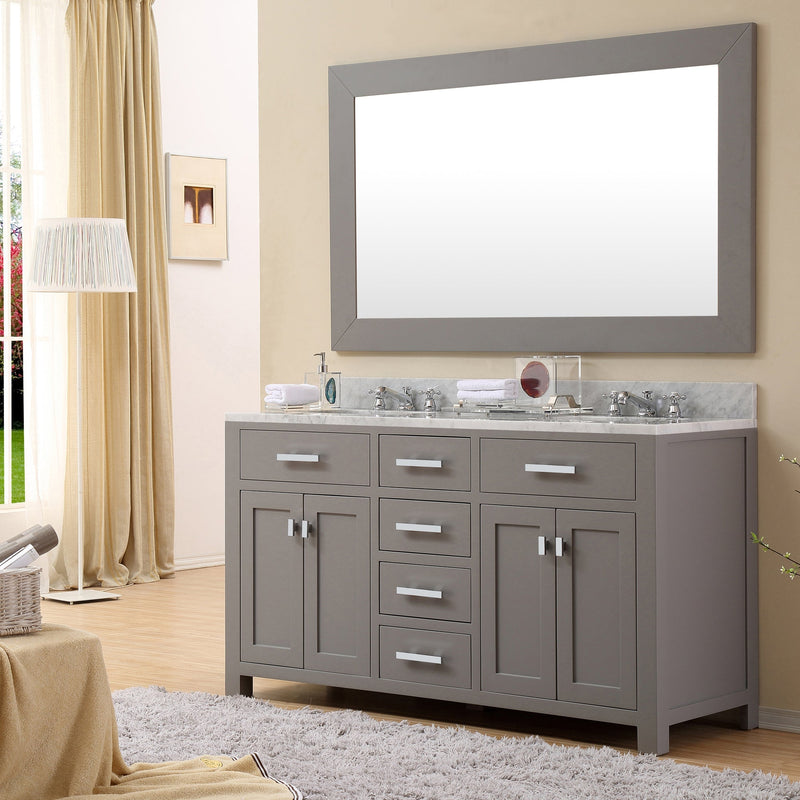 Water Creation 60" Cashmere Grey Double Sink Bathroom Vanity with 2 Matching Framed Mirrors and Faucets From The Madison Collection MADISON60GCF - Model Bath