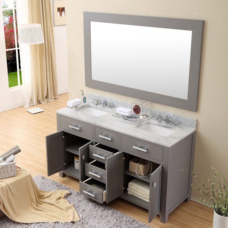 Water Creation 60" Cashmere Grey Double Sink Bathroom Vanity with Matching Framed Mirror and Faucet From The Madison Collection MADISON60GBF - Model Bath