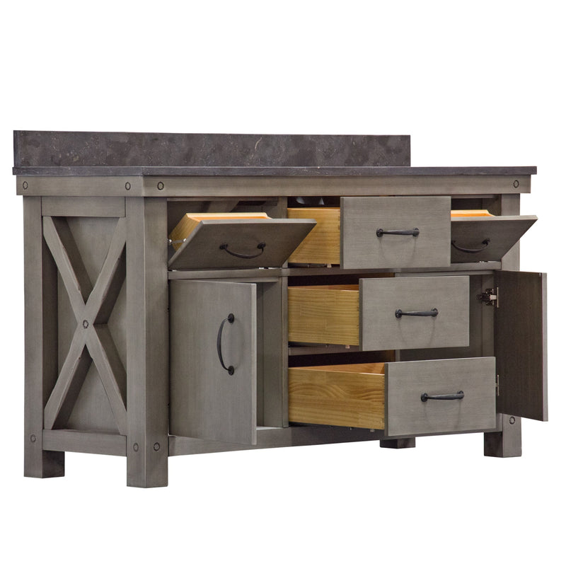 Water Creation 60" Grizzle Grey Double Sink Bathroom Vanity with Mirrors and Faucets with Blue Limestone Counter Top From The ABERDEEN Collection VAB060BLGG05 - Model Bath