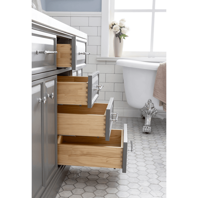 Water Creation 60" Palace Collection Quartz Carrara Cashmere Grey Bathroom Vanity Set with Hardware and F2-0009 Faucets in Chrome Finish PA60C-0109CG - Model Bath