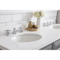 Water Creation 60" Palace Collection Quartz Carrara Cashmere Grey Bathroom Vanity Set with Hardware and F2-0009 Faucets in Chrome Finish PA60C-0109CG - Model Bath