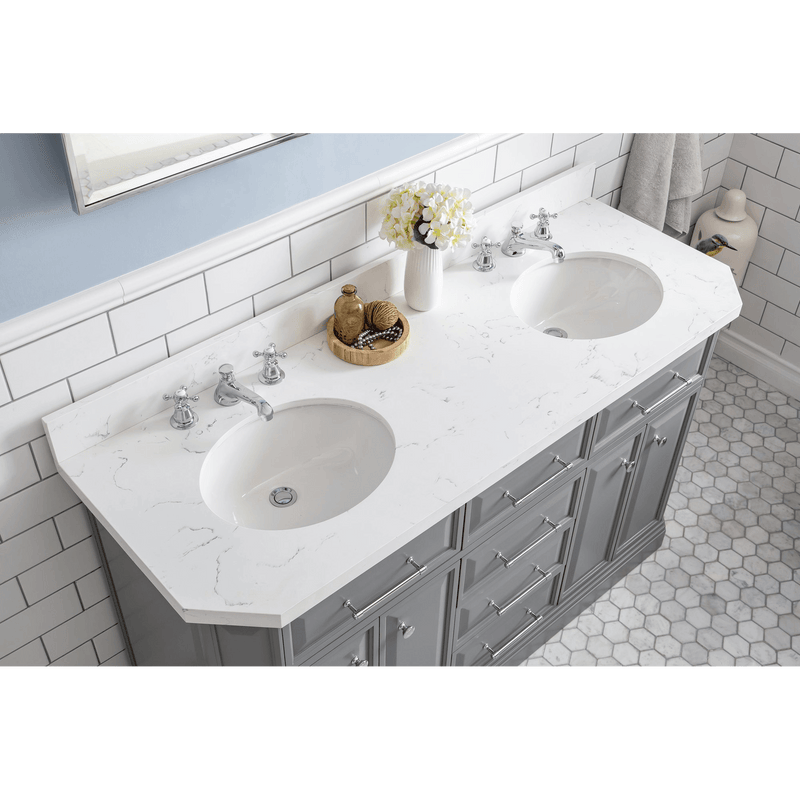 Water Creation 60" Palace Collection Quartz Carrara Cashmere Grey Bathroom Vanity Set with Hardware and F2-0009 Faucets in Chrome Finish PA60C-0109CG - Model Bath
