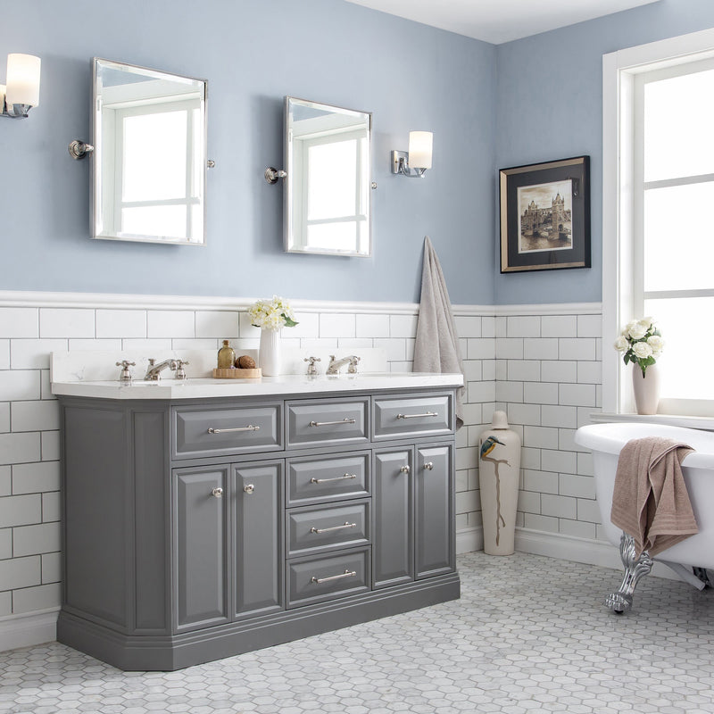 Water Creation 60" Palace Collection Quartz Carrara Cashmere Grey Bathroom Vanity Set with Hardware and F2-0009 Faucets in Polished Nickel (PVD) Finish PA60C-0509CG - Model Bath