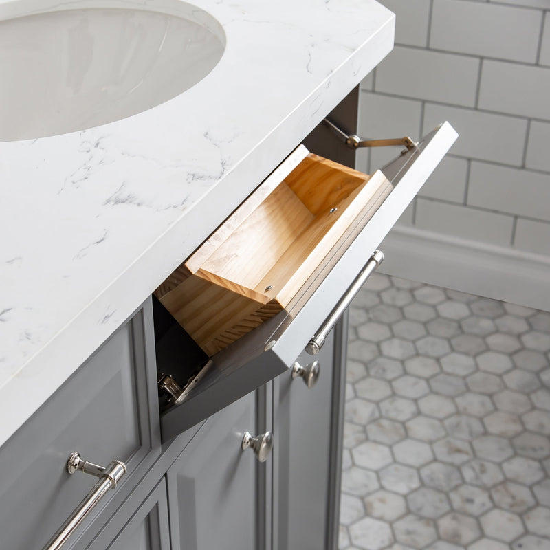 Water Creation 60" Palace Collection Quartz Carrara Cashmere Grey Bathroom Vanity Set with Hardware and F2-0009 Faucets in Polished Nickel (PVD) Finish PA60C-0509CG - Model Bath