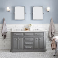 Water Creation 60" Palace Collection Quartz Carrara Cashmere Grey Bathroom Vanity Set with Hardware and F2-0009 Faucets, Mirror in Chrome Finish PA60D-0109CG - Model Bath