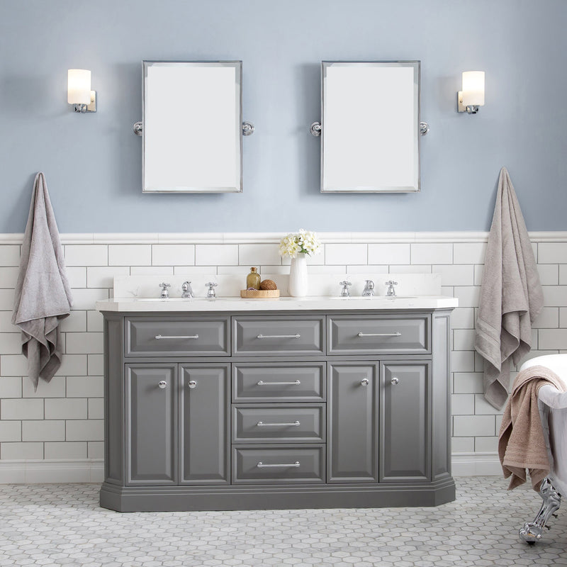 Water Creation 60" Palace Collection Quartz Carrara Cashmere Grey Bathroom Vanity Set with Hardware and F2-0009 Faucets, Mirror in Chrome Finish PA60D-0109CG - Model Bath