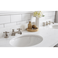 Water Creation 60" Palace Collection Quartz Carrara Cashmere Grey Bathroom Vanity Set with Hardware and F2-0009 Faucets, Mirror in Polished Nickel (PVD) Finish PA60D-0509CG - Model Bath