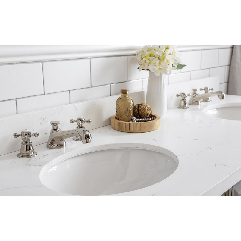 Water Creation 60" Palace Collection Quartz Carrara Cashmere Grey Bathroom Vanity Set with Hardware and F2-0009 Faucets, Mirror in Polished Nickel (PVD) Finish PA60D-0509CG - Model Bath