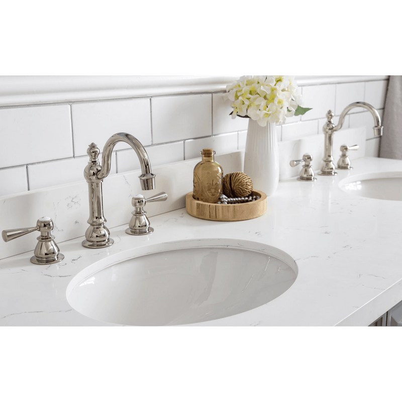 Water Creation 60" Palace Collection Quartz Carrara Cashmere Grey Bathroom Vanity Set with Hardware and F2-0012 Faucets in Polished Nickel (PVD) Finish PA60C-0512CG - Model Bath