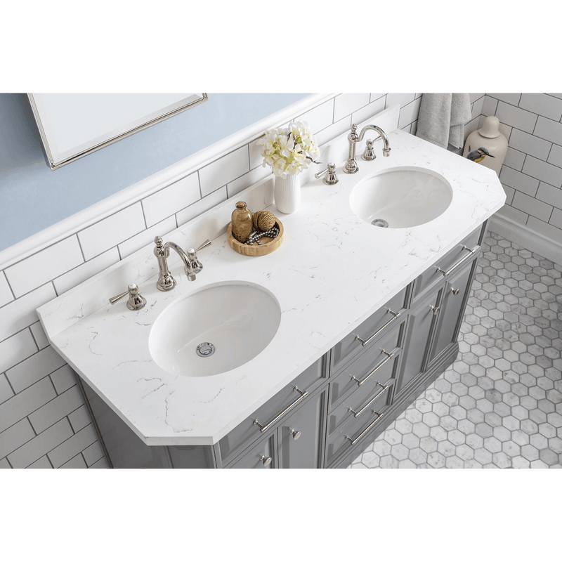 Water Creation 60" Palace Collection Quartz Carrara Cashmere Grey Bathroom Vanity Set with Hardware and F2-0012 Faucets in Polished Nickel (PVD) Finish PA60C-0512CG - Model Bath