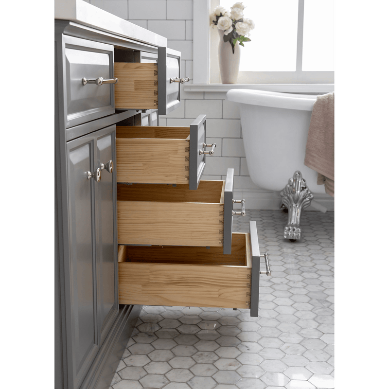Water Creation 60" Palace Collection Quartz Carrara Cashmere Grey Bathroom Vanity Set with Hardware and F2-0012 Faucets in Polished Nickel (PVD) Finish PA60C-0512CG - Model Bath