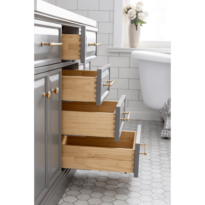 Water Creation 60" Palace Collection Quartz Carrara Cashmere Grey Bathroom Vanity Set with Hardware and F2-0012 Faucets in Satin Gold Finish and Only Mirrors in Chrome Finish PA60D-0612CG - Model Bath