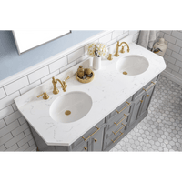 Water Creation 60" Palace Collection Quartz Carrara Cashmere Grey Bathroom Vanity Set with Hardware and F2-0012 Faucets in Satin Gold Finish and Only Mirrors in Chrome Finish PA60D-0612CG - Model Bath