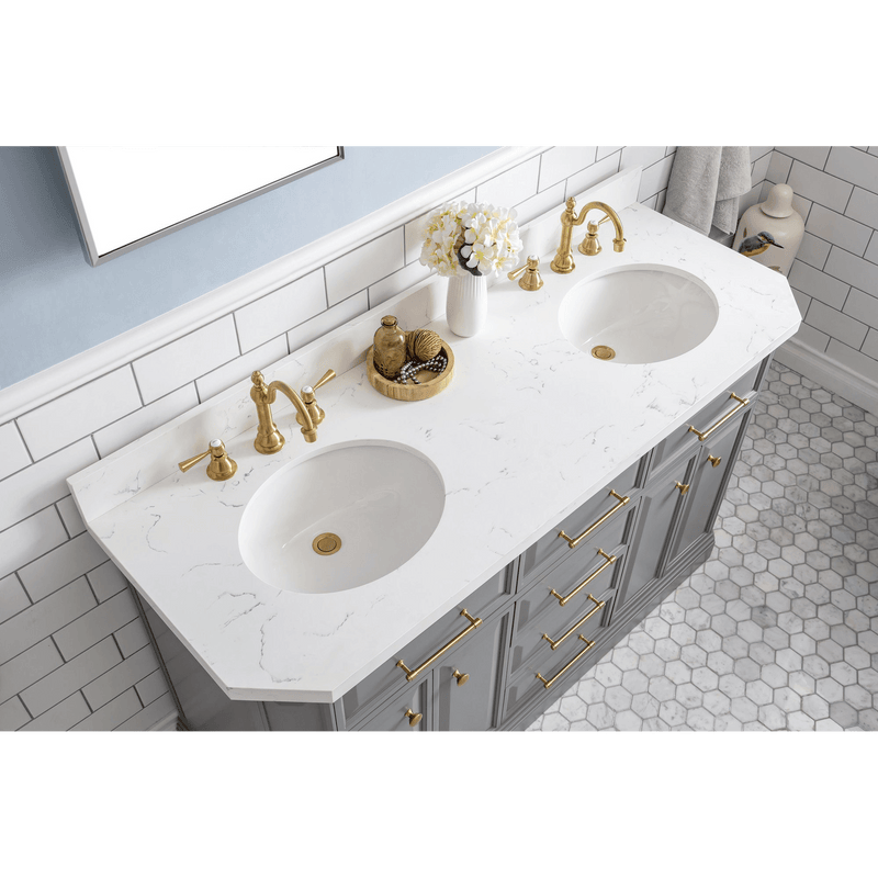 Water Creation 60" Palace Collection Quartz Carrara Cashmere Grey Bathroom Vanity Set with Hardware and F2-0012 Faucets in Satin Gold Finish and Only Mirrors in Chrome Finish PA60D-0612CG - Model Bath