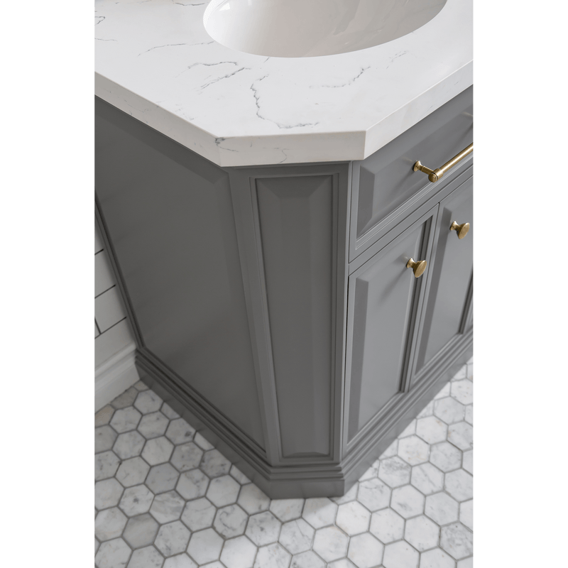 Water Creation 60" Palace Collection Quartz Carrara Cashmere Grey Bathroom Vanity Set with Hardware and F2-0012 Faucets in Satin Gold Finish and Only Mirrors in Chrome Finish PA60C-0612CG - Model Bath