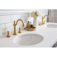 Water Creation 60" Palace Collection Quartz Carrara Cashmere Grey Bathroom Vanity Set with Hardware and F2-0012 Faucets in Satin Gold Finish and Only Mirrors in Chrome Finish PA60C-0612CG - Model Bath