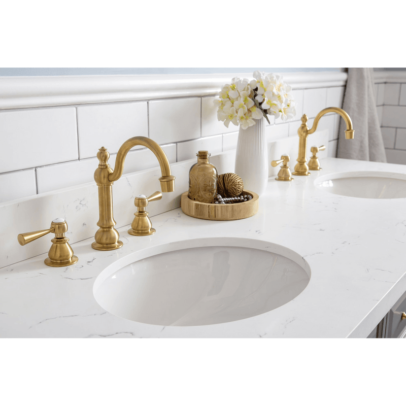 Water Creation 60" Palace Collection Quartz Carrara Cashmere Grey Bathroom Vanity Set with Hardware and F2-0012 Faucets in Satin Gold Finish and Only Mirrors in Chrome Finish PA60C-0612CG - Model Bath