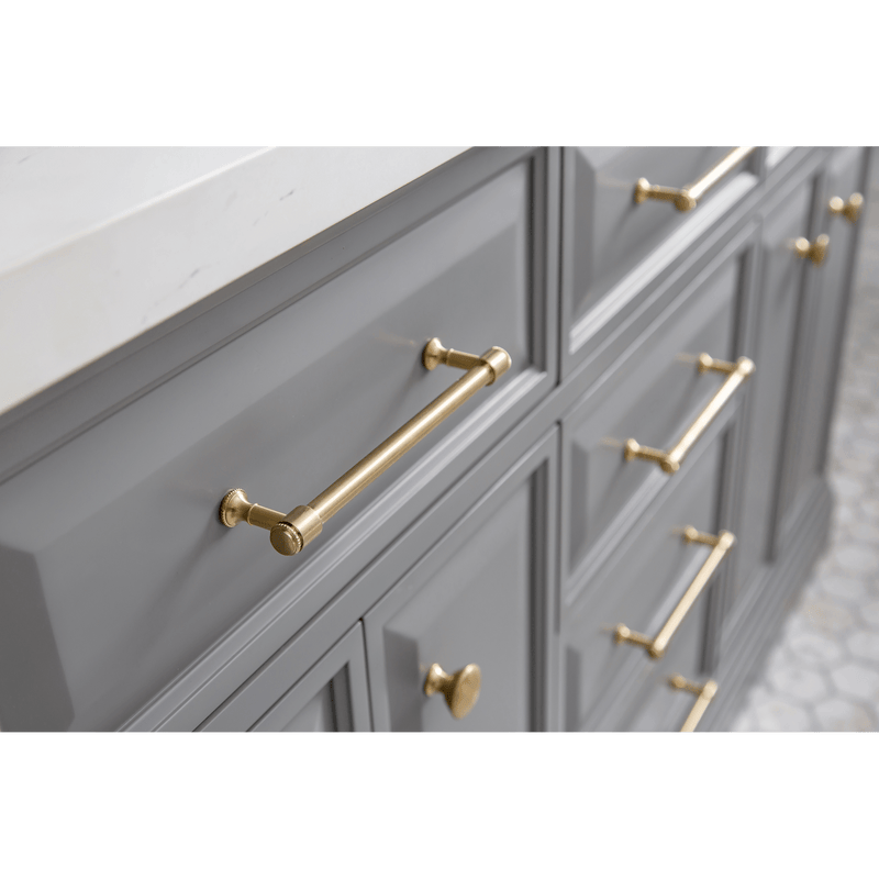 Water Creation 60" Palace Collection Quartz Carrara Cashmere Grey Bathroom Vanity Set with Hardware and F2-0012 Faucets in Satin Gold Finish and Only Mirrors in Chrome Finish PA60D-0612CG - Model Bath