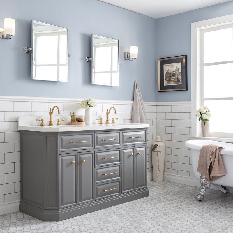 Water Creation 60" Palace Collection Quartz Carrara Cashmere Grey Bathroom Vanity Set with Hardware and F2-0012 Faucets in Satin Gold Finish and Only Mirrors in Chrome Finish PA60C-0612CG - Model Bath