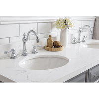 Water Creation 60" Palace Collection Quartz Carrara Cashmere Grey Bathroom Vanity Set with Hardware and F2-0012 Faucets, Mirror in Chrome Finish PA60D-0112CG - Model Bath