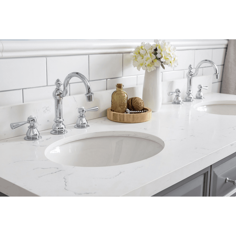 Water Creation 60" Palace Collection Quartz Carrara Cashmere Grey Bathroom Vanity Set with Hardware and F2-0012 Faucets, Mirror in Chrome Finish PA60D-0112CG - Model Bath