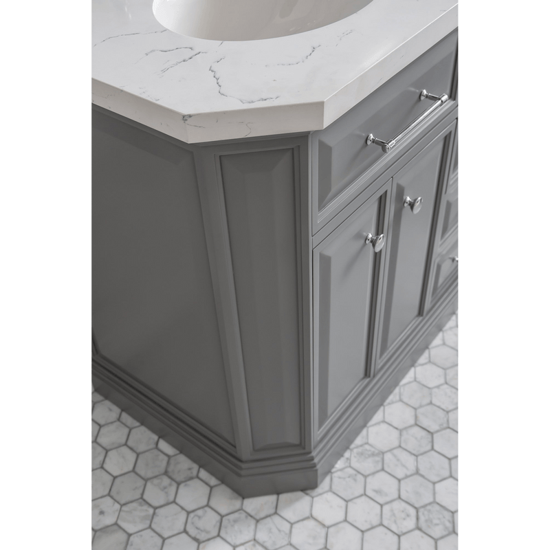 Water Creation 60" Palace Collection Quartz Carrara Cashmere Grey Bathroom Vanity Set with Hardware and F2-0012 Faucets, Mirror in Chrome Finish PA60D-0112CG - Model Bath